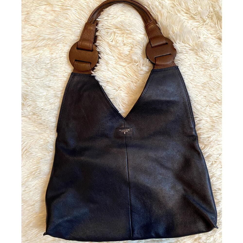 T Tahari Black Leather Hobo Bag with Brown Handles - Picture 2 of 10